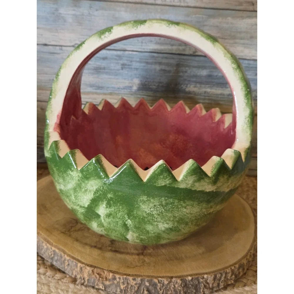 Vtg Watermelon Ceramic Basket Hand Painted Fruit Bowl Sawtooth Rim Summer Decor
